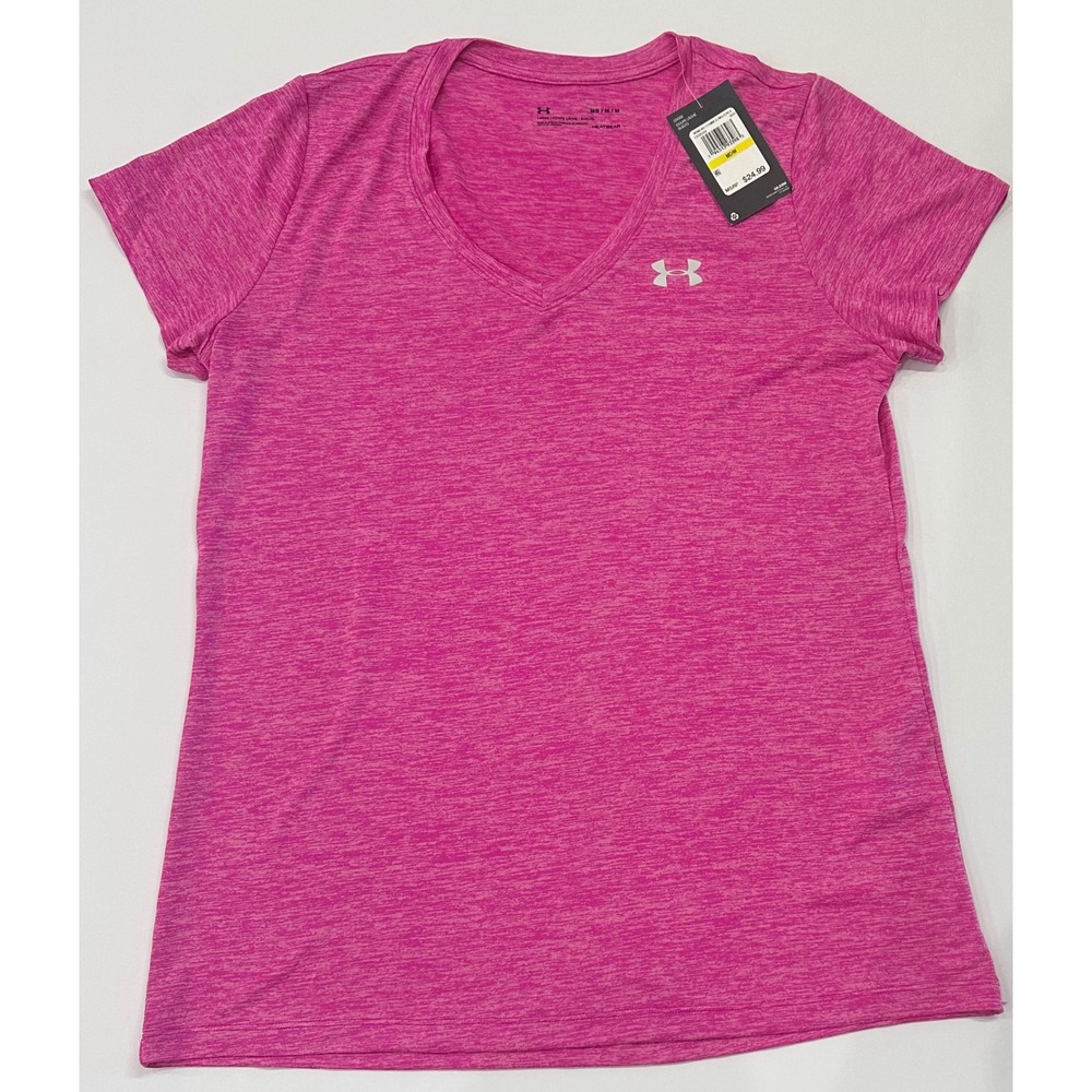 Under Armour Womens HeatGear V-Neck T-Shirt Pink Heathered Loose Fit 1258568 M
